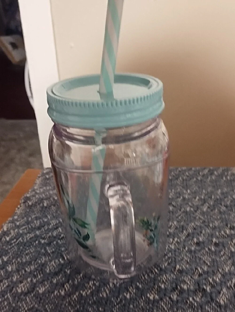 The Pioneer Woman Aqua Floral Mason Mug with Straw EUC.